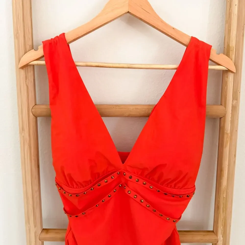 NWOT Amoressa by Miraclesuit Lupita One Piece Swimsuit Coral Red Studded 10